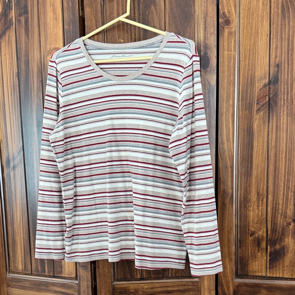 Eddie Bauer Red and Gray Striped Long Sleeve Tee
